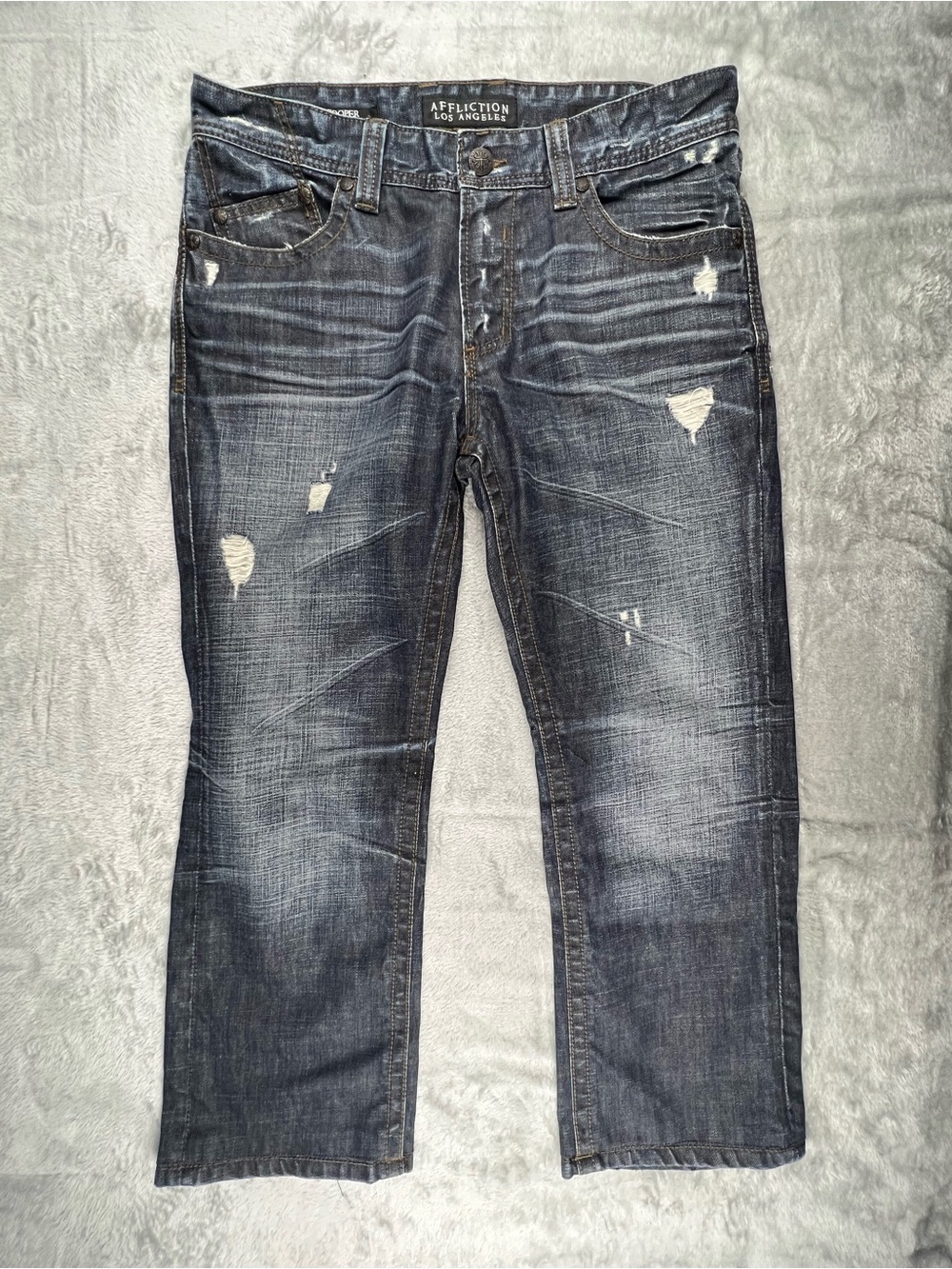 Affliction Cooper Jeans Mens 34x28 Blue Distressed Denim Relaxed Boot Cut